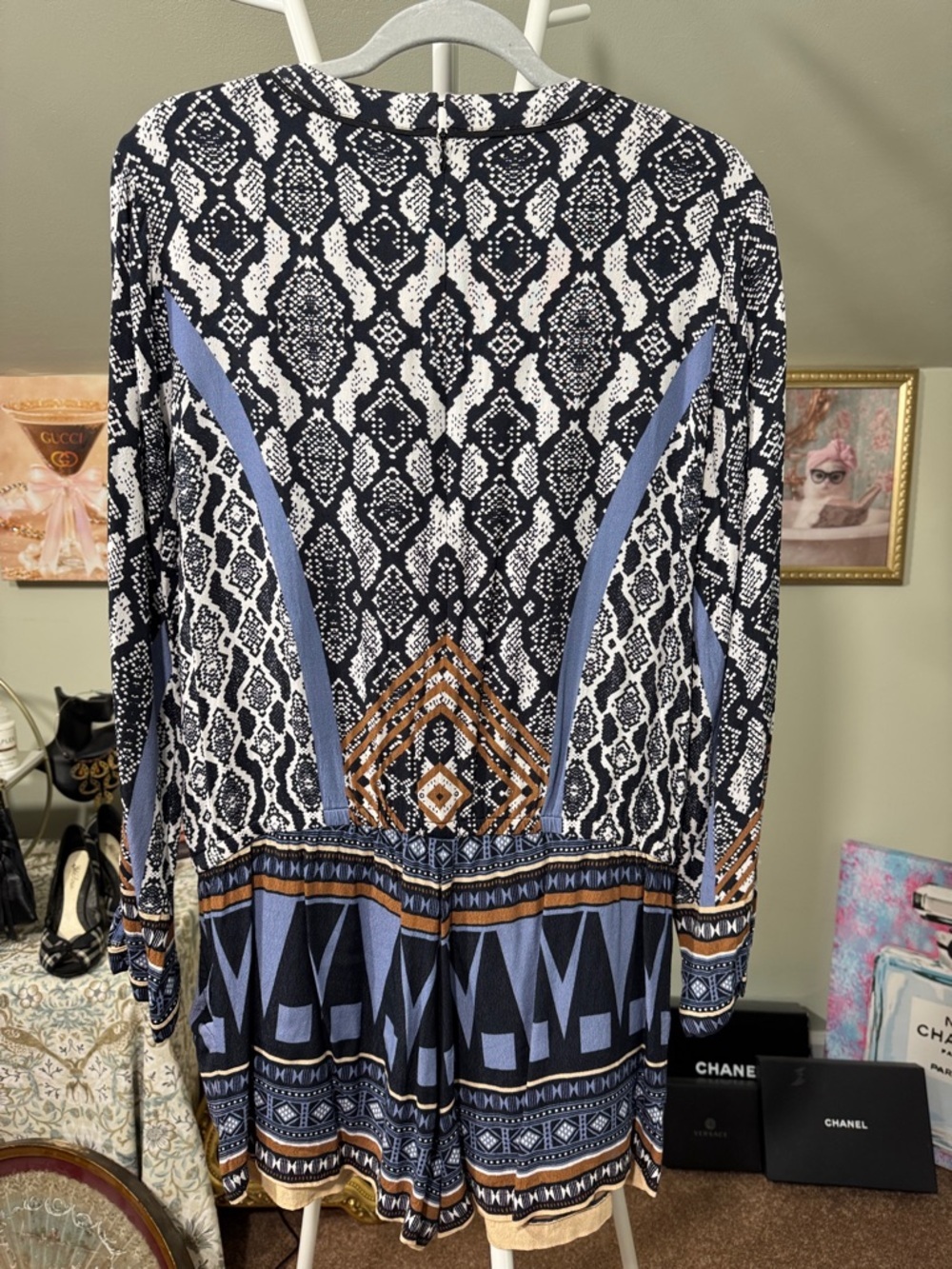NWOT Hale Bob Black, White & Purple Tribal Printed Romper Zipper Back Tie Front - Picture 4 of 15